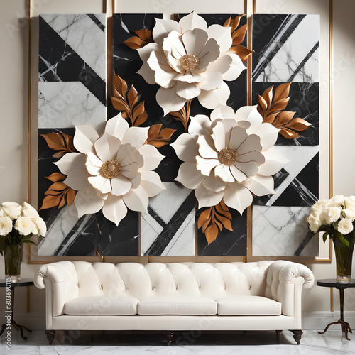 The panel wall art composition combines complex marble patterns intertwined with charming large-scale flowers, creating a mesmerizing combination of power and refinement.