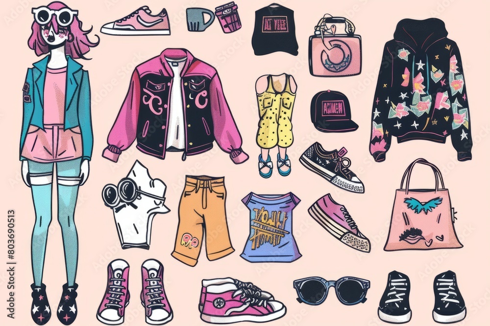 Cartoon cute doodles of a pop-punk fashion line, featuring clothing and ...