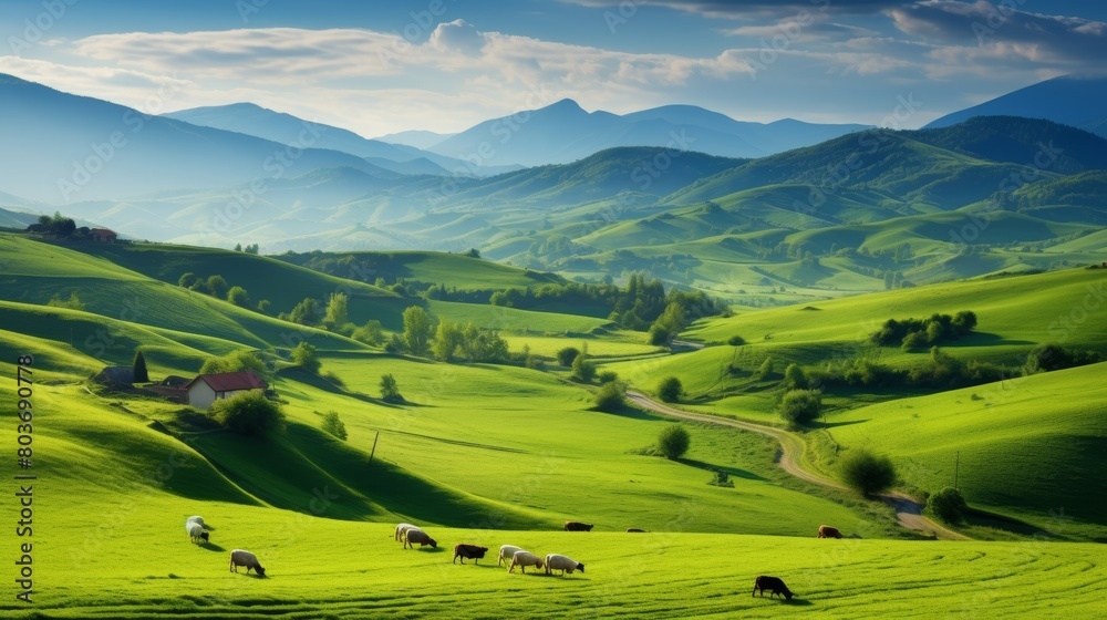 Fototapeta premium landscape with green field and blue sky.