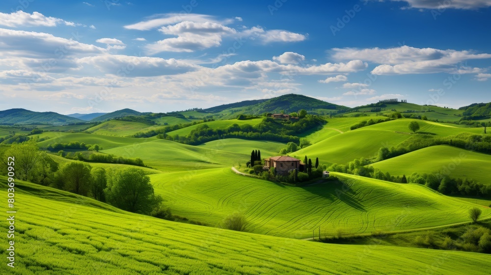 Fototapeta premium landscape with green field and blue sky.