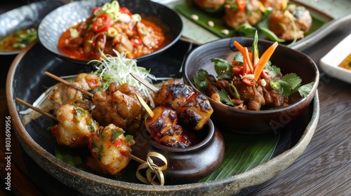 a wooden bowl filled with food sits on a wooden table