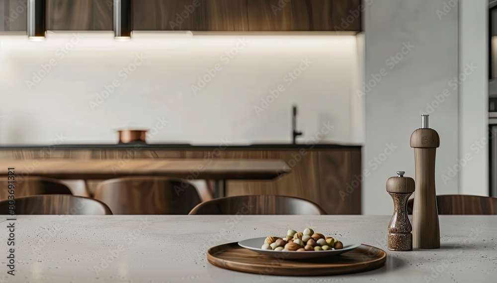 Interior design of stylish dining room interior with family wooden table modern chairs plate with nuts salt and pepper shakers Concrete floor White wall Template Interior design of stylish dining room interior with family wooden table modern chairs plate with nuts salt and pepper shakers Concrete floor White wall Template