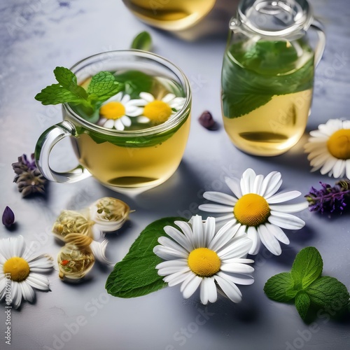 Assortment of herbal tea splashes with ingredients like chamomile, mint, and lavender1