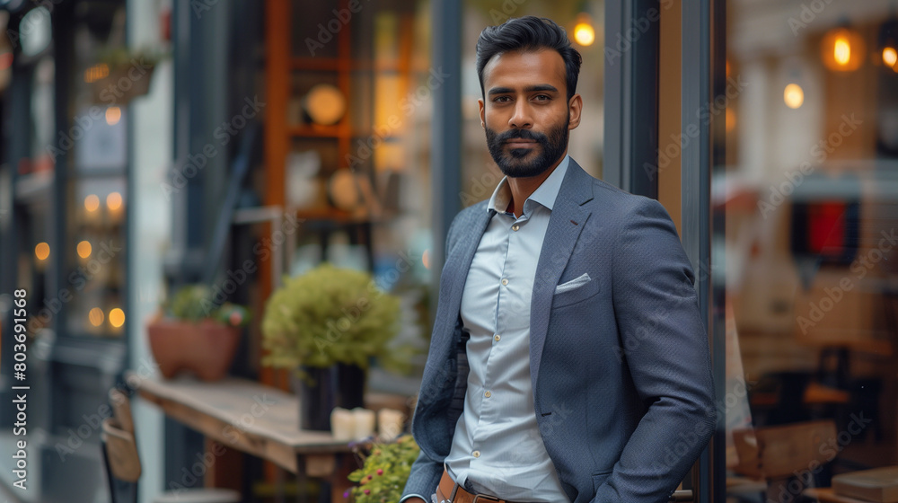 A Indian businessman dressed in a stylish stand against a cafe window in an urban environment, exuding confidence and professionalism. A Indian businessman dressed in a stylish stand against a cafe window in an urban environment, exuding confidence and professionalism.