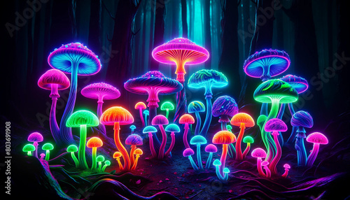 Neon psychedelic mushrooms in a dark forest