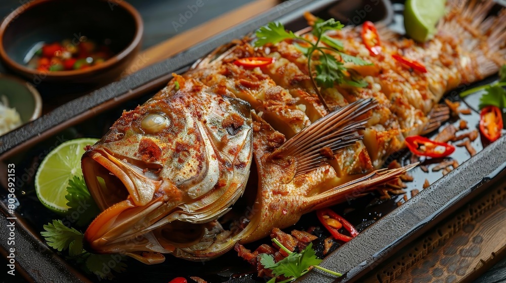 grilled fish with vegetables and a lemon on a tray grilled fish with vegetables and a lemon on a tray