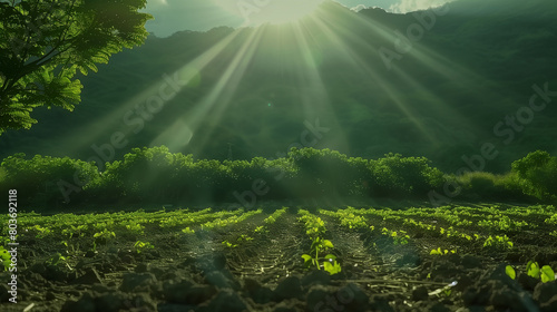 Morning sun rays break through the foliage  casting light over a vibrant  green farmland nestled in a valley.