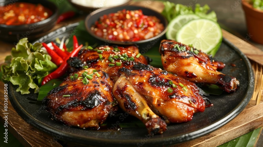 a plate of grilled chicken and vegetables is presented on a wooden table, accompanied by a black bo