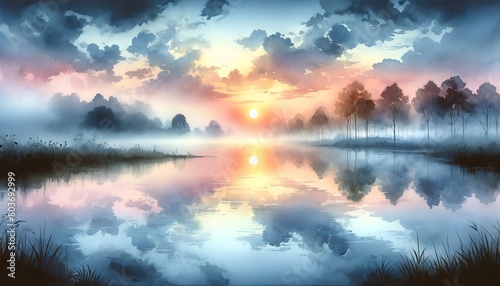 A serene landscape at dawn, with morning mist hanging over a calm lake in a watercolor style