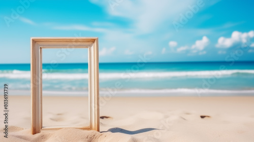 A serene beach landscape featuring an empty wooden frame standing upright on sandy beach under a clear blue sky  Concept of tranquility  solitude  and nature s beauty.