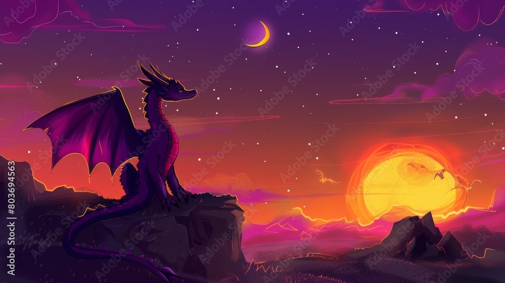 Hand drawn cartoon illustration of dragon under dusk and sunset. cartoons. Illustrations Hand drawn cartoon illustration of dragon under dusk and sunset. cartoons. Illustrations