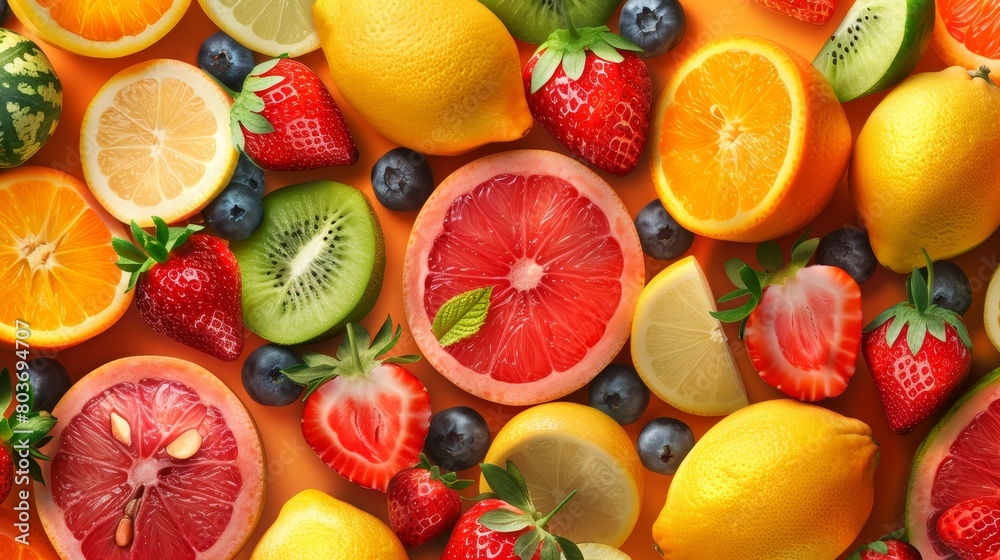 Seamless background of Colorful Fresh Fruits