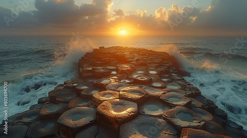 sunset on the beach,
 Sunset at the Giants Causeway, a UNESCO World Her  photo