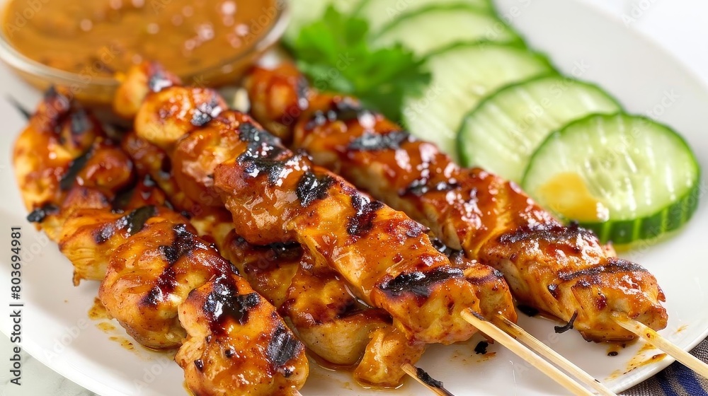 a plate of chicken skewers topped with sliced cucumber and served on a white plate with chopsticks a plate of chicken skewers topped with sliced cucumber and served on a white plate with chopsticks