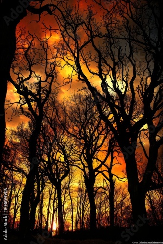 Wander through the enchanting silhouette of a forest at sunset  where the trees stand tall and dark against the fiery sky  Generative AI