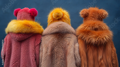 fur cap and fur,
Three Vibrant Furry Coats Stand Side by Side Sho  photo