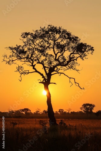 Witness the breathtaking silhouette of a lone tree against the backdrop of a golden sunset  its branches reaching out like  Generative AI