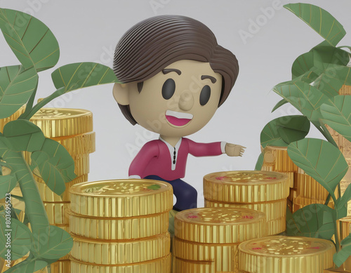 Illustration of man with pink shirt and wavy hair beetween pile of coins photo