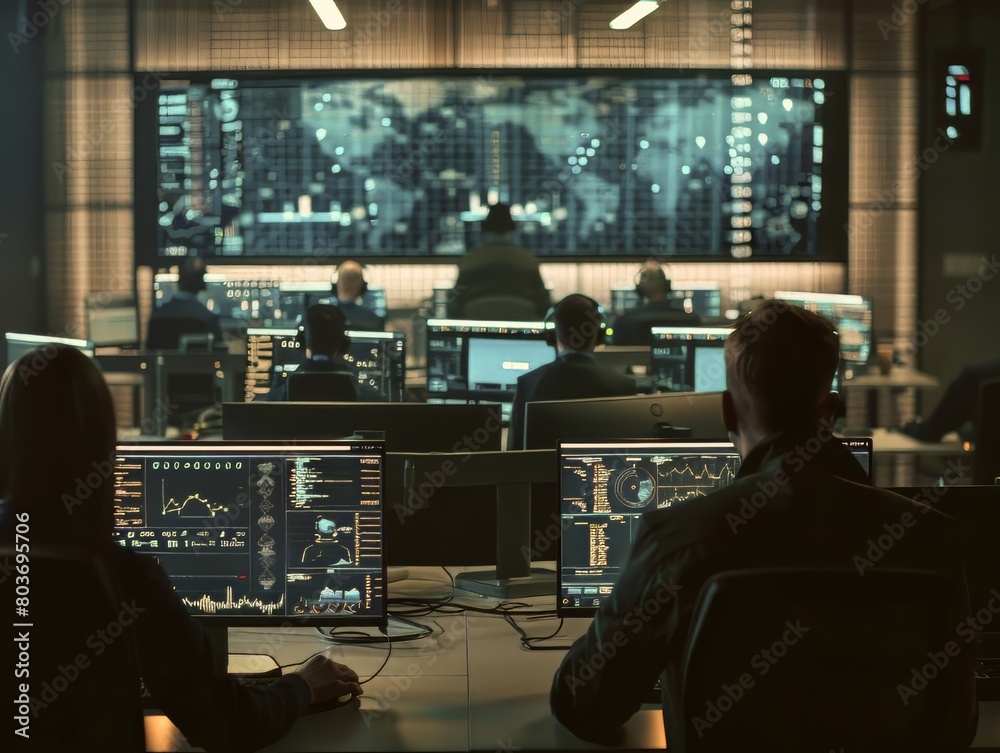 A group of people are sitting at computers in a room with a large screen in the background. The room is dimly lit and the people are focused on their screens. Scene is serious and focused A group of people are sitting at computers in a room with a large screen in the background. The room is dimly lit and the people are focused on their screens. Scene is serious and focused