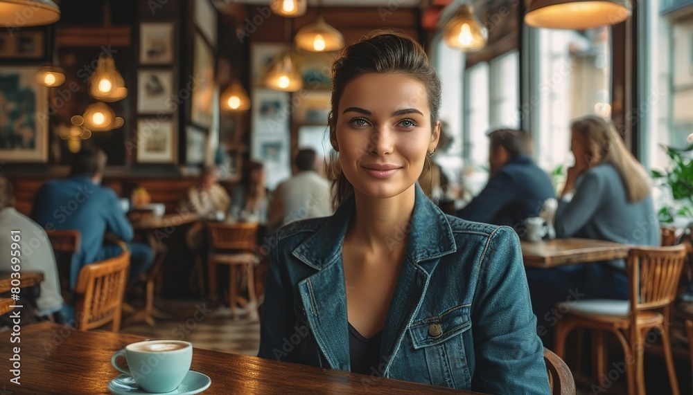 Relaxing Moment in Coffee Shop: Woman Enjoying Leisure Afternoon