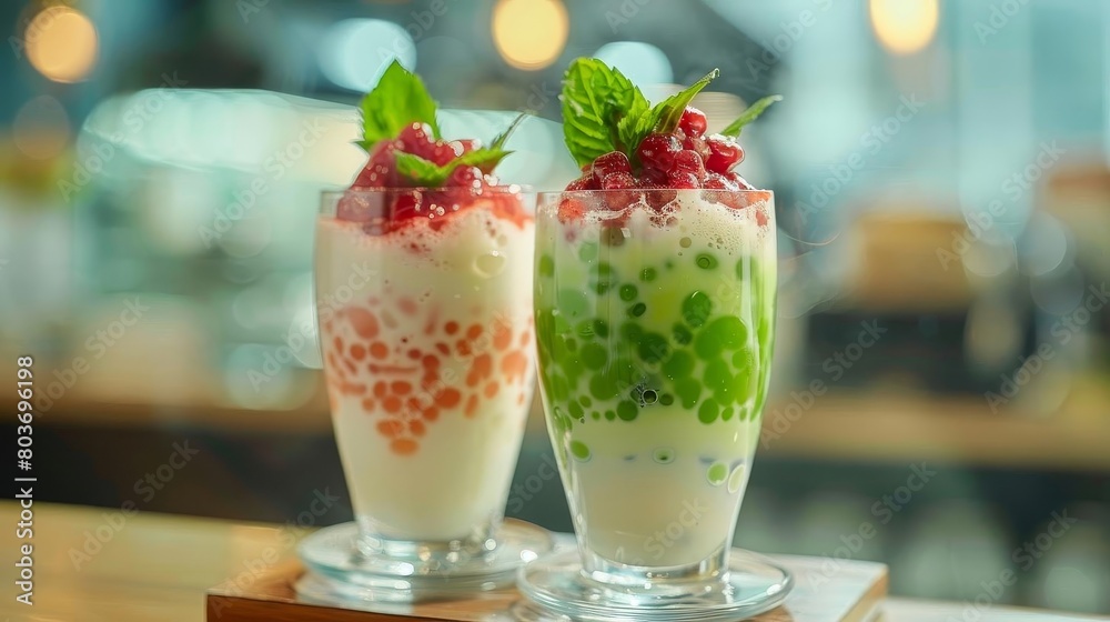 two tall glasses filled with ice cream and raspberries sit on a wooden table, accompanied by a gree two tall glasses filled with ice cream and raspberries sit on a wooden table, accompanied by a gree