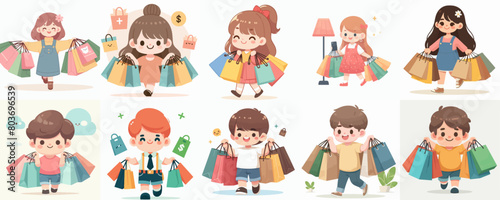 set vector children carrying lots of shopping bags
