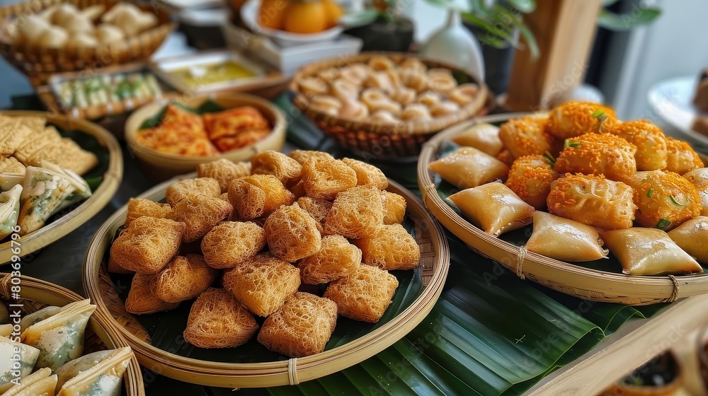 a table adorned with a variety of baskets filled with food, including a brown basket, a wicker bask a table adorned with a variety of baskets filled with food, including a brown basket, a wicker bask
