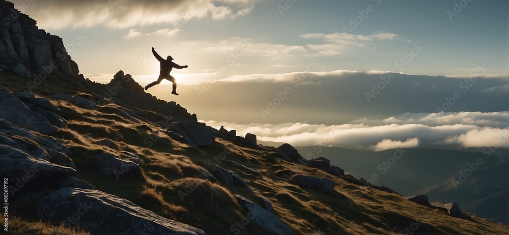 Hiker with arms outstretched standing on top of a mountain and enjoying the view