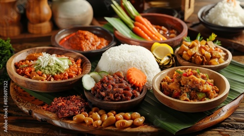 a wooden table displays a variety of bowls filled with various foods  including white rice  sliced