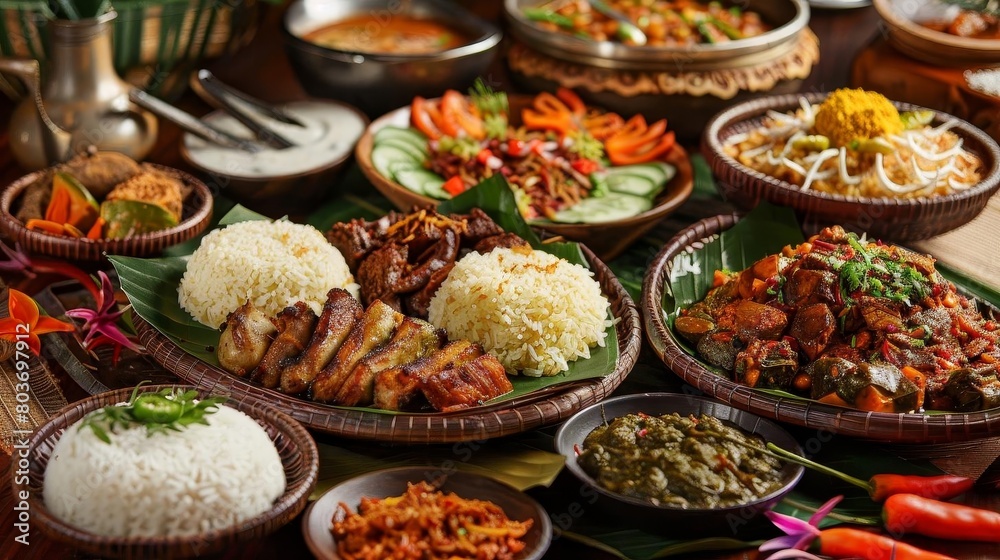 a table set with a variety of bowls and plates of food, including white and brown rice, a red peppe