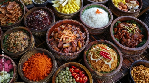 a colorful assortment of food items, including white rice, brown and wood baskets, and a red pepper