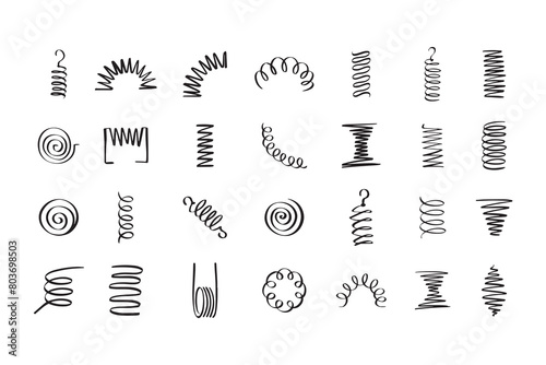 Drawing spiral set. Hand drawn Metal coil spiral icons. Doodle flexible coils, wire spring symbols  photo