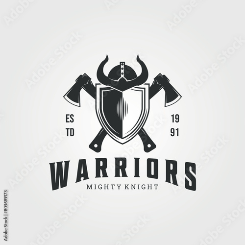 warriors with axe, shield and helmet logo vector vintage illustration design, brave warriors and mighty axe