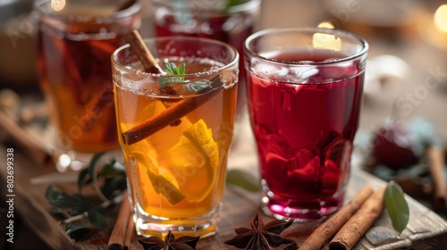 a wooden table is adorned with a variety of drinks, including a red glass, a clear glass, and a tal