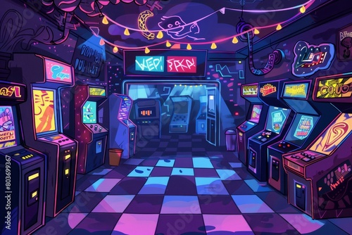 Cartoon cute doodles of a pop-punk themed arcade, with vintage video games and neon lights flashing to the rhythm of the music, Generative AI