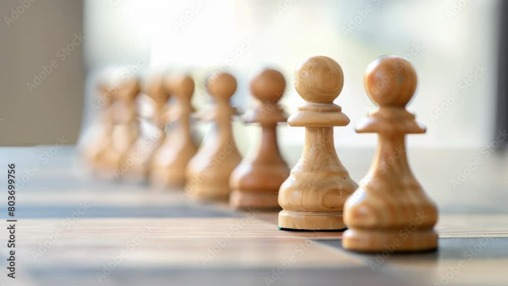 Wooden chess pawns lined up on board with shallow depth of field