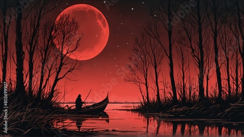 Halloween night scene with bats and moon over a tranquil lake at sunset photo
