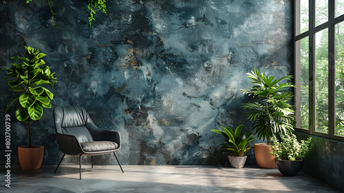 chair in the garden with flowers, Modern Dark Home Interior Background Wall Mock Up