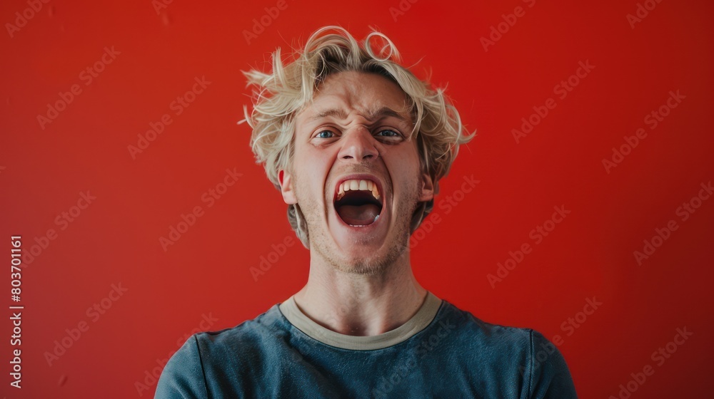 A young blonde celebrates the thrill of success with his crazy and surprised reaction to his small business's e-commerce victory.