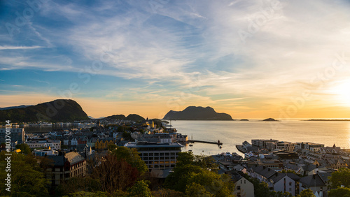 top view of Alesund during a sunset in a sunny evening  Norway