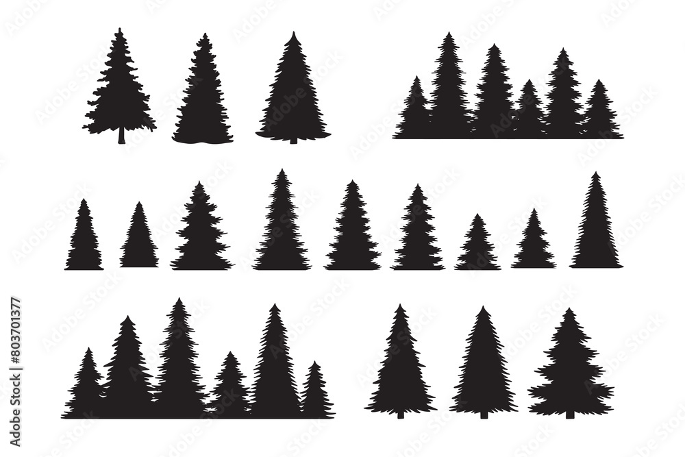 Obraz premium Vintage trees, forest silhouettes set. outline of a coniferous forest. Isolated. 