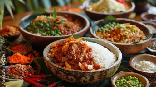 a table adorned with a variety of bowls filled with various foods  including white rice  brown and