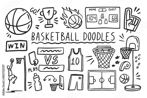 Basketball doodle elements set. basket sport ball, winner cup. Hand drawn sketch style. photo