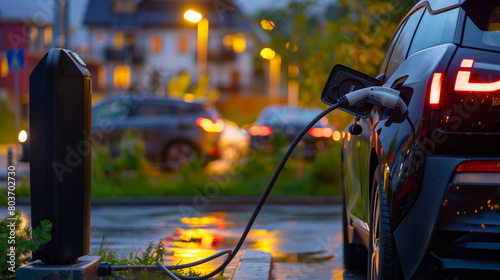 Electric car charging at eco-friendly station in urban landscape, promoting a clean, emission-free environment. photo