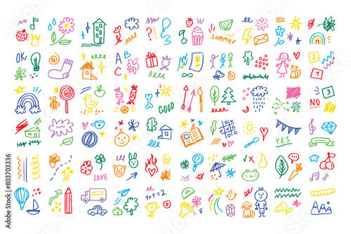 Doodle kids color set. Hand drawn simple decorative elements. Various icons, hearts, stars, lines