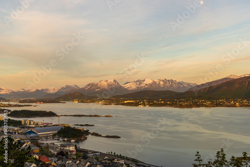 top view of Alesund during a sunset in a sunny evening, Norway