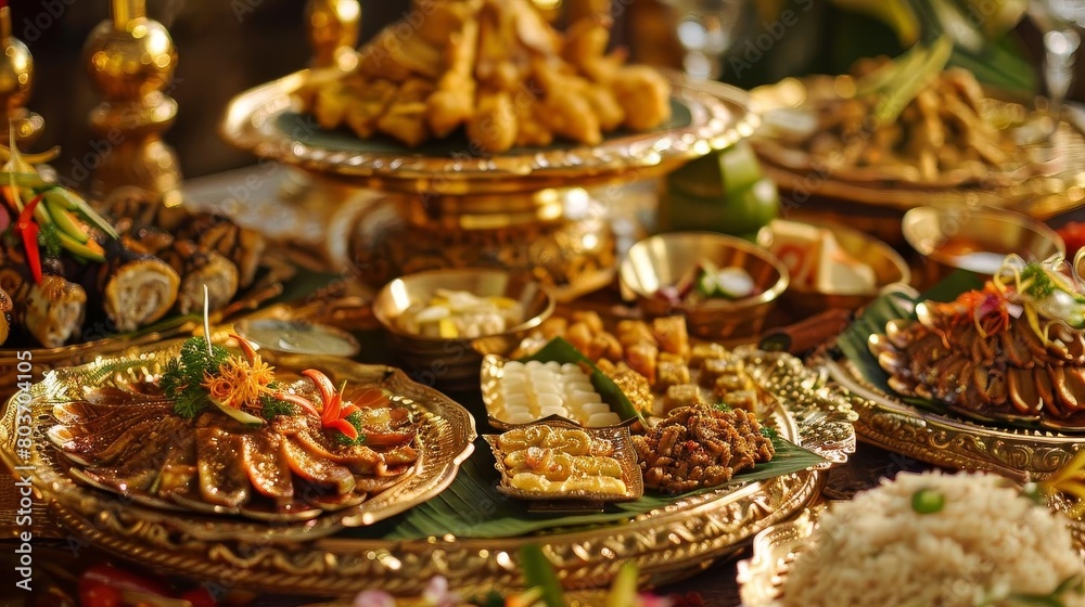 a table adorned with a variety of food items, including a brown basket, a gold plate, and a white f a table adorned with a variety of food items, including a brown basket, a gold plate, and a white f