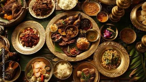 a table set with a variety of plates, bowls, and utensils, including a brown bowl, a white bowl, an © YOGI C