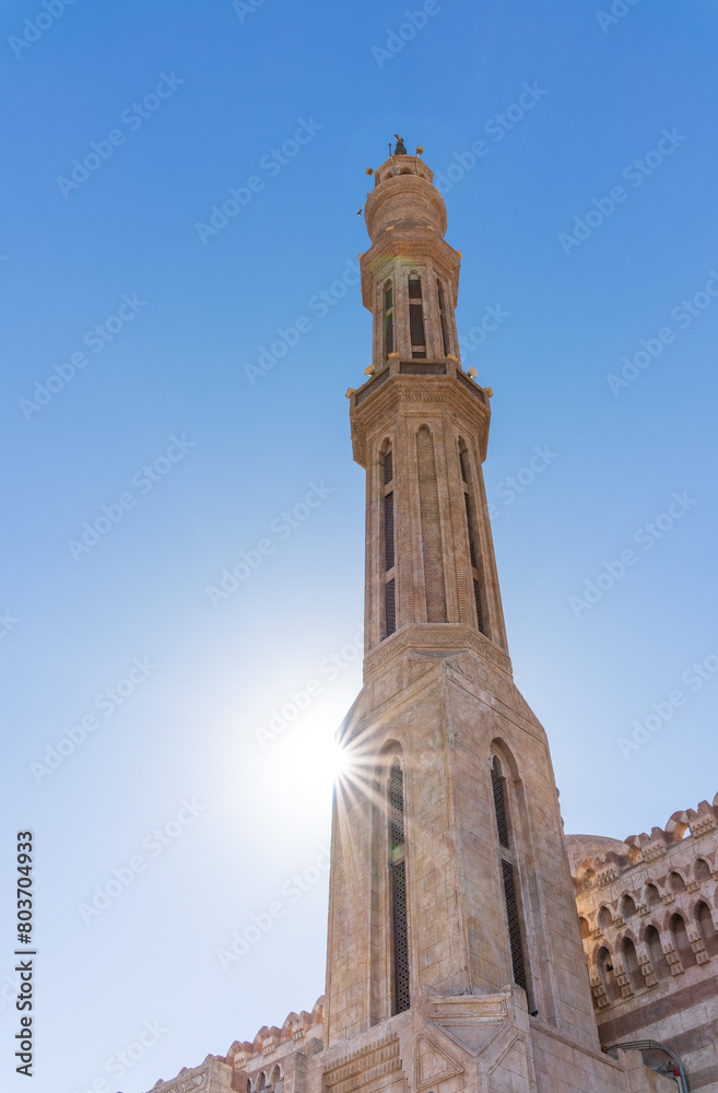 Tower of Al Mustafa Mosque in Old Town of Sharm El Sheikh in Egypt, at sunset