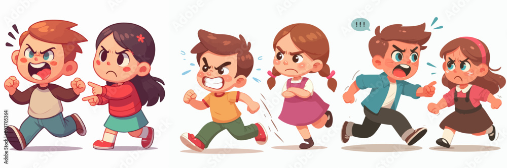 set of vector little boy and girl quarreling